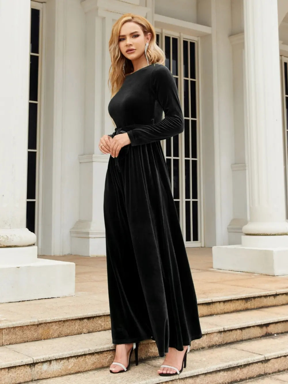 Tie Front Round Neck Long Sleeve Maxi Dress - Velora Luxury Fashion