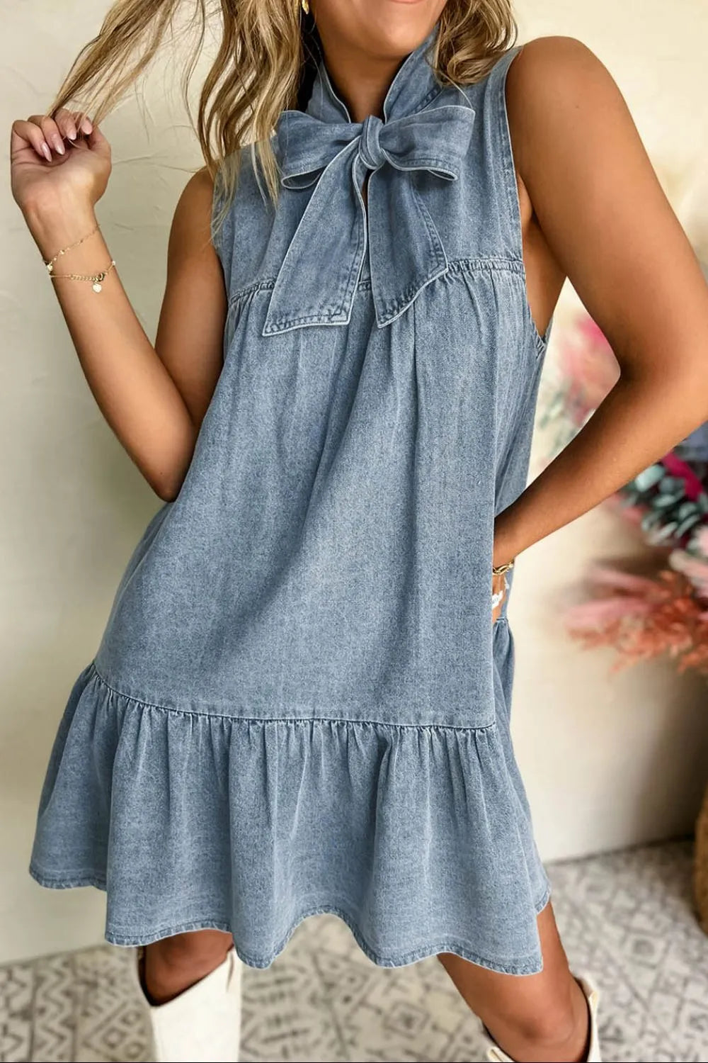 Tie Neck Sleeveless Denim Dress - Velora Luxury Fashion