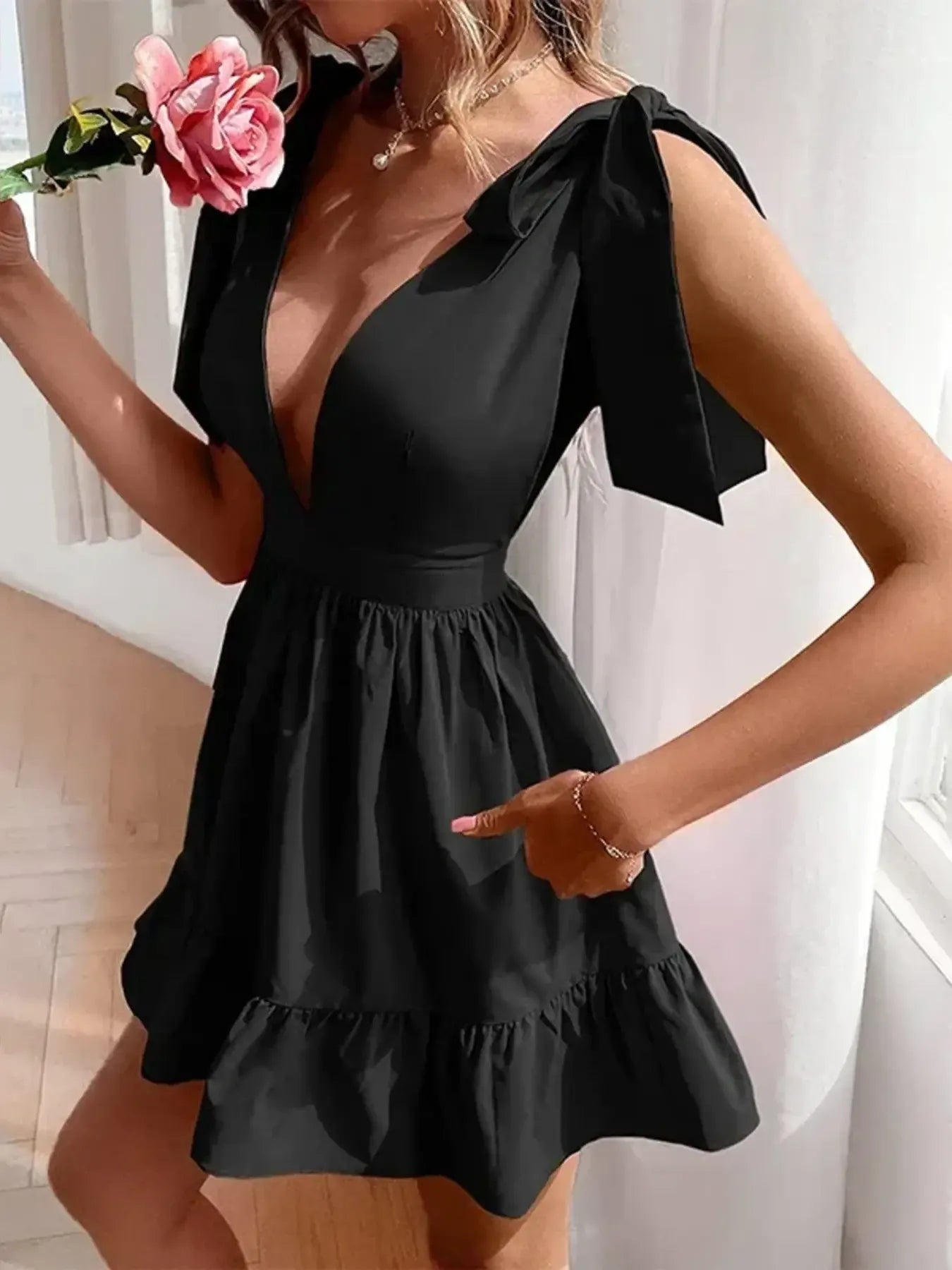 Tie Shoulder Tiered Mini Dress - Velora Luxury Fashion