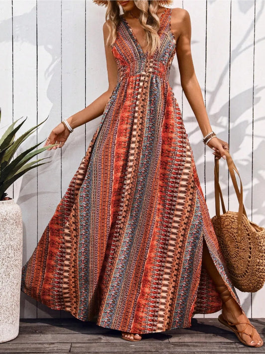 Tied Back Printed Sleeveless Maxi Slit Dress - Velora