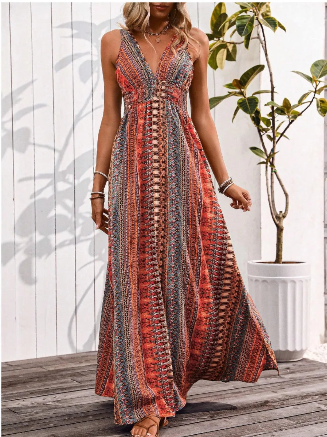 Tied Back Printed Sleeveless Maxi Slit Dress - Velora