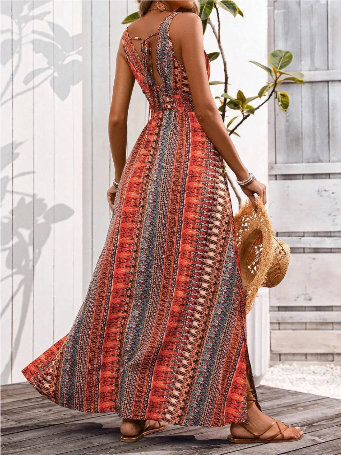 Tied Back Printed Sleeveless Maxi Slit Dress - Velora