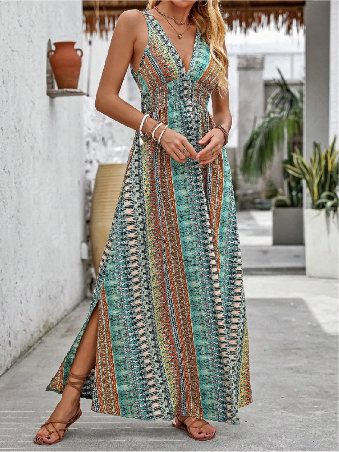 Tied Back Printed Sleeveless Maxi Slit Dress - Velora