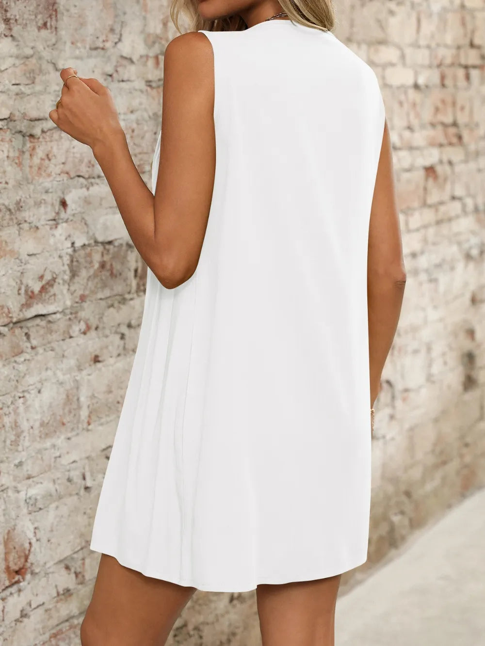 Tied Front Pleated Sleeveless Mini Dress - Velora Luxury Fashion