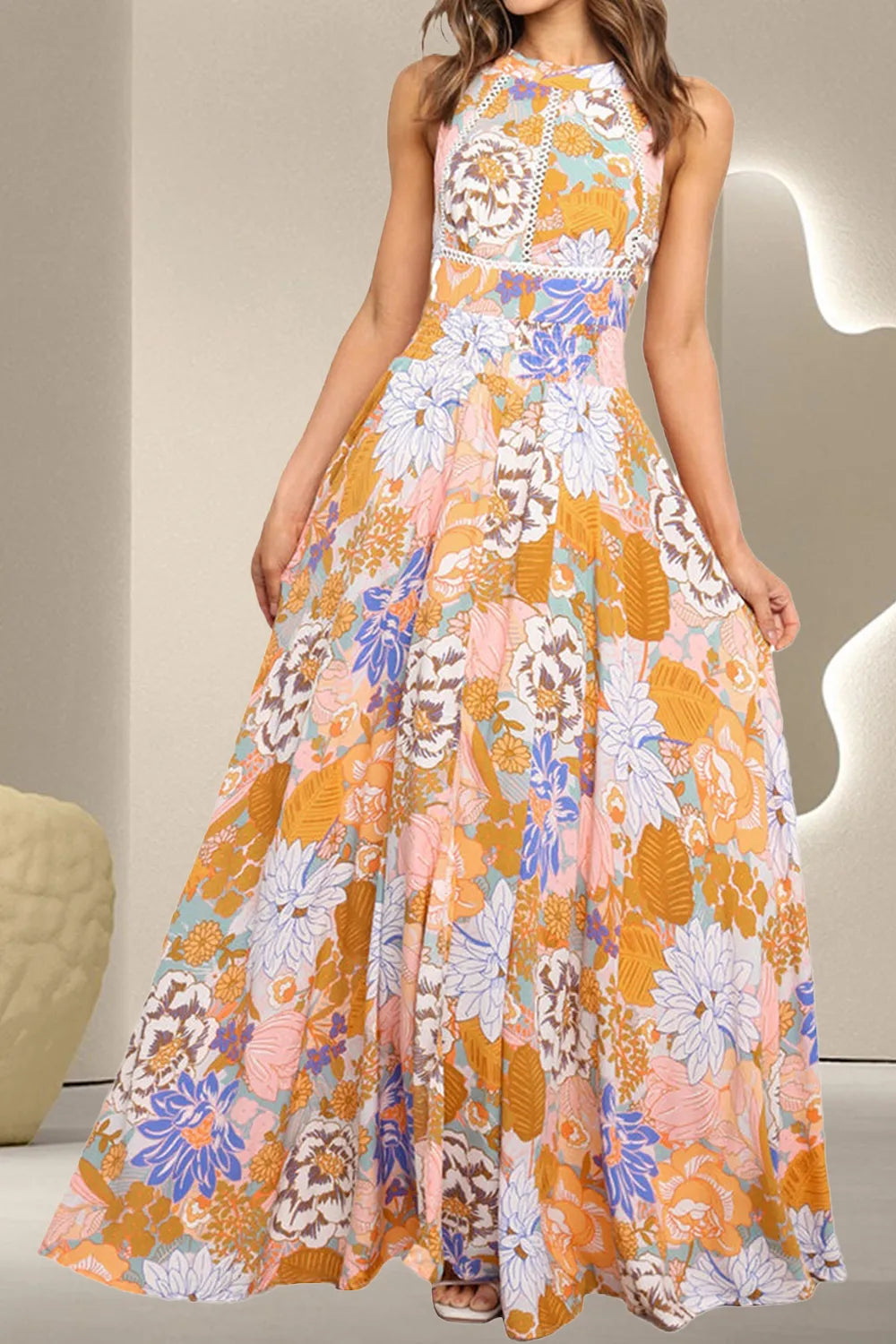 Tied Printed Grecian Sleeveless Maxi Dress - Velora Luxury Fashion