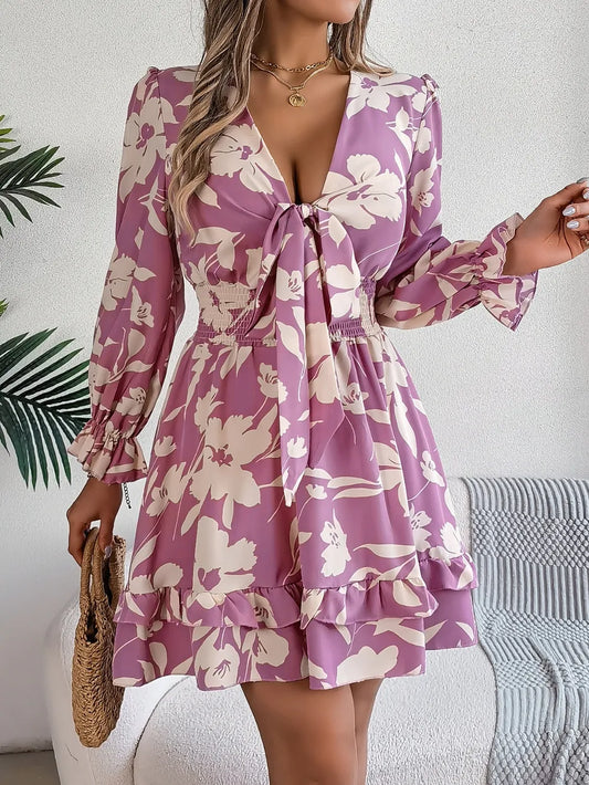 Tied Ruffled Printed Long Sleeve Dress - Velora Luxury Fashion
