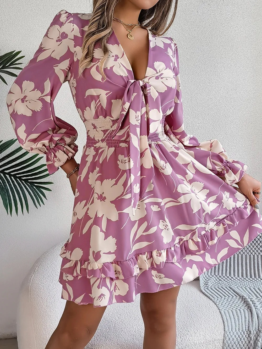 Tied Ruffled Printed Long Sleeve Dress - Velora Luxury Fashion