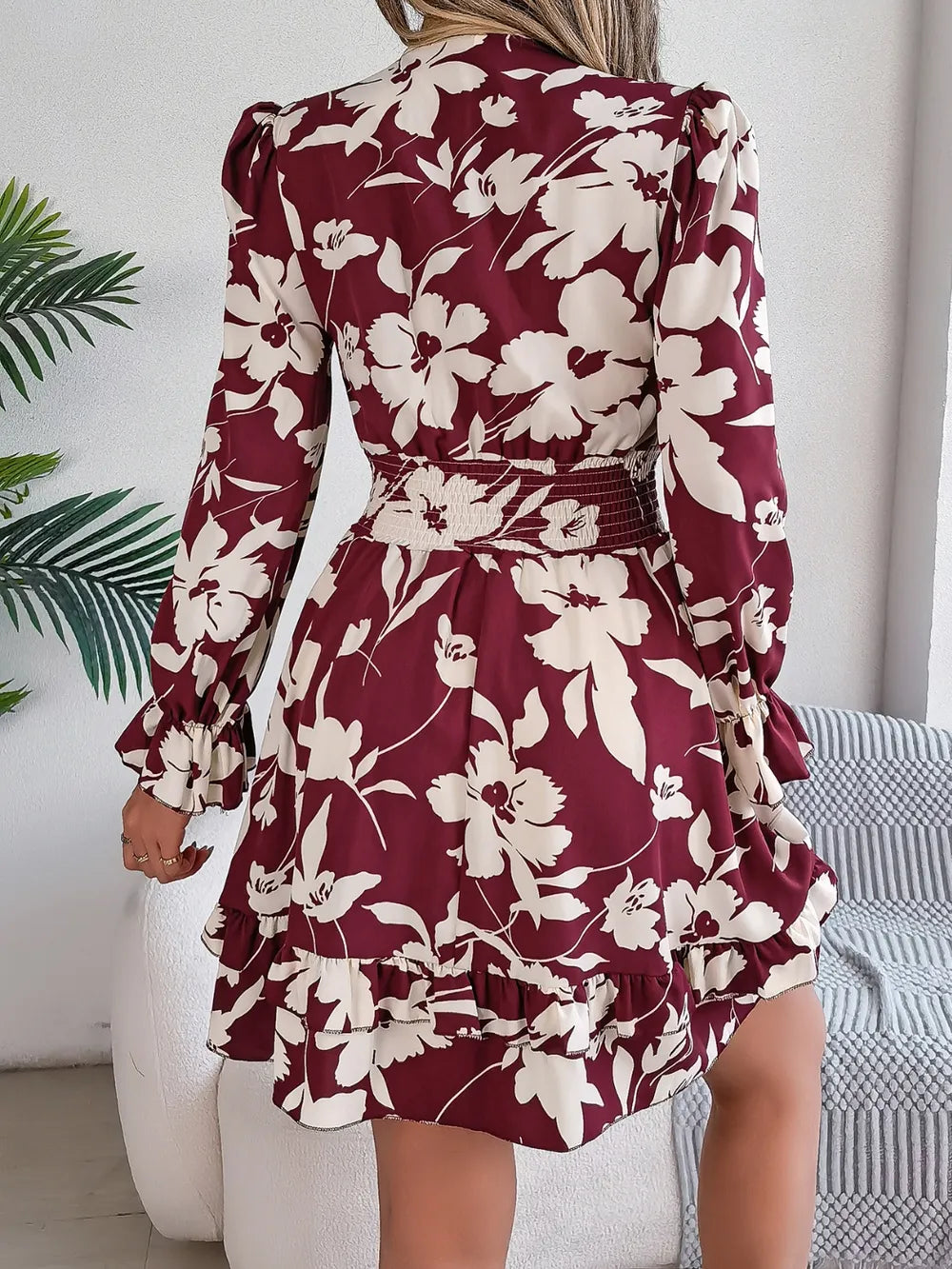 Tied Ruffled Printed Long Sleeve Dress - Velora Luxury Fashion