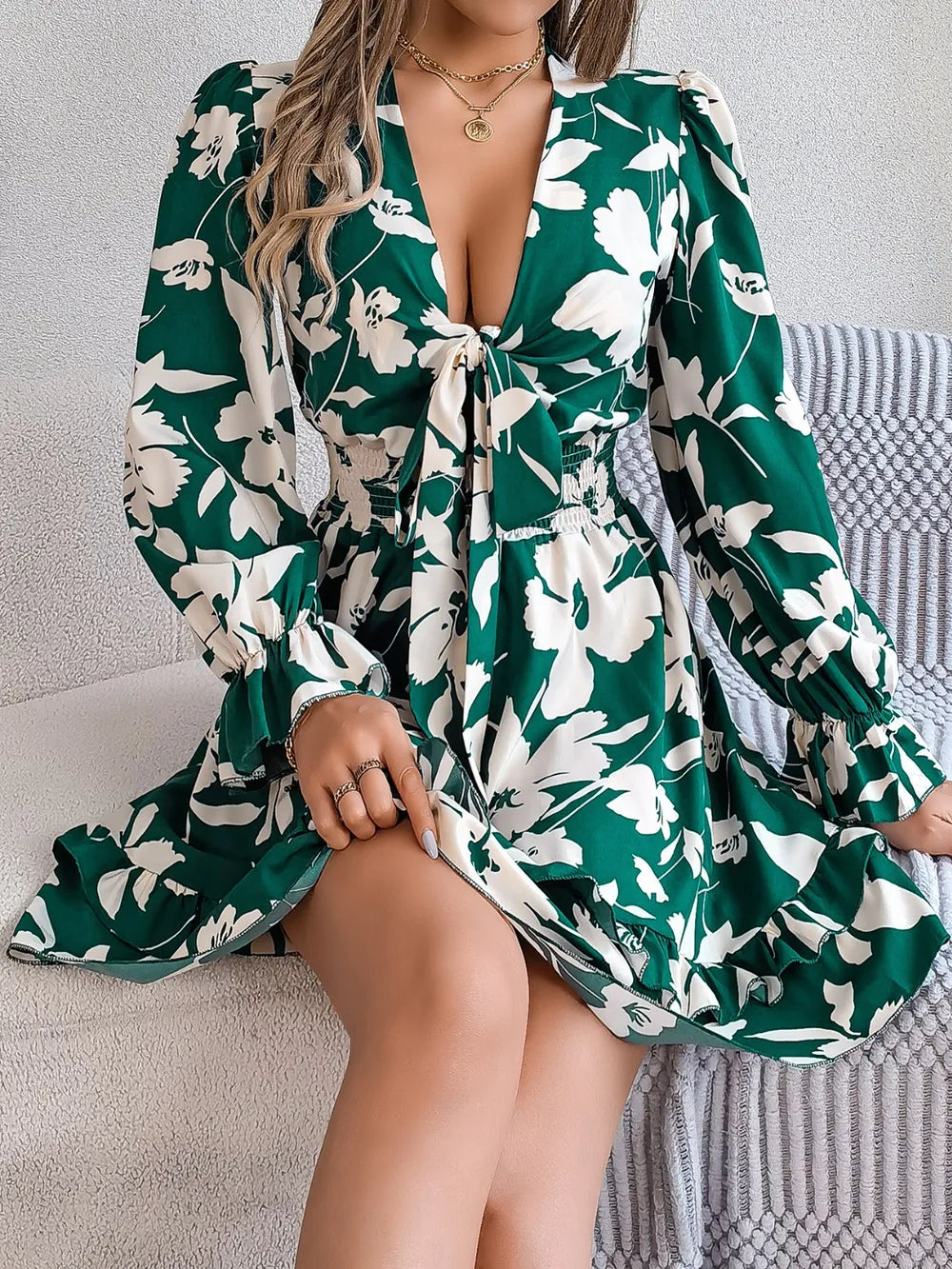 Tied Ruffled Printed Long Sleeve Dress - Velora Luxury Fashion
