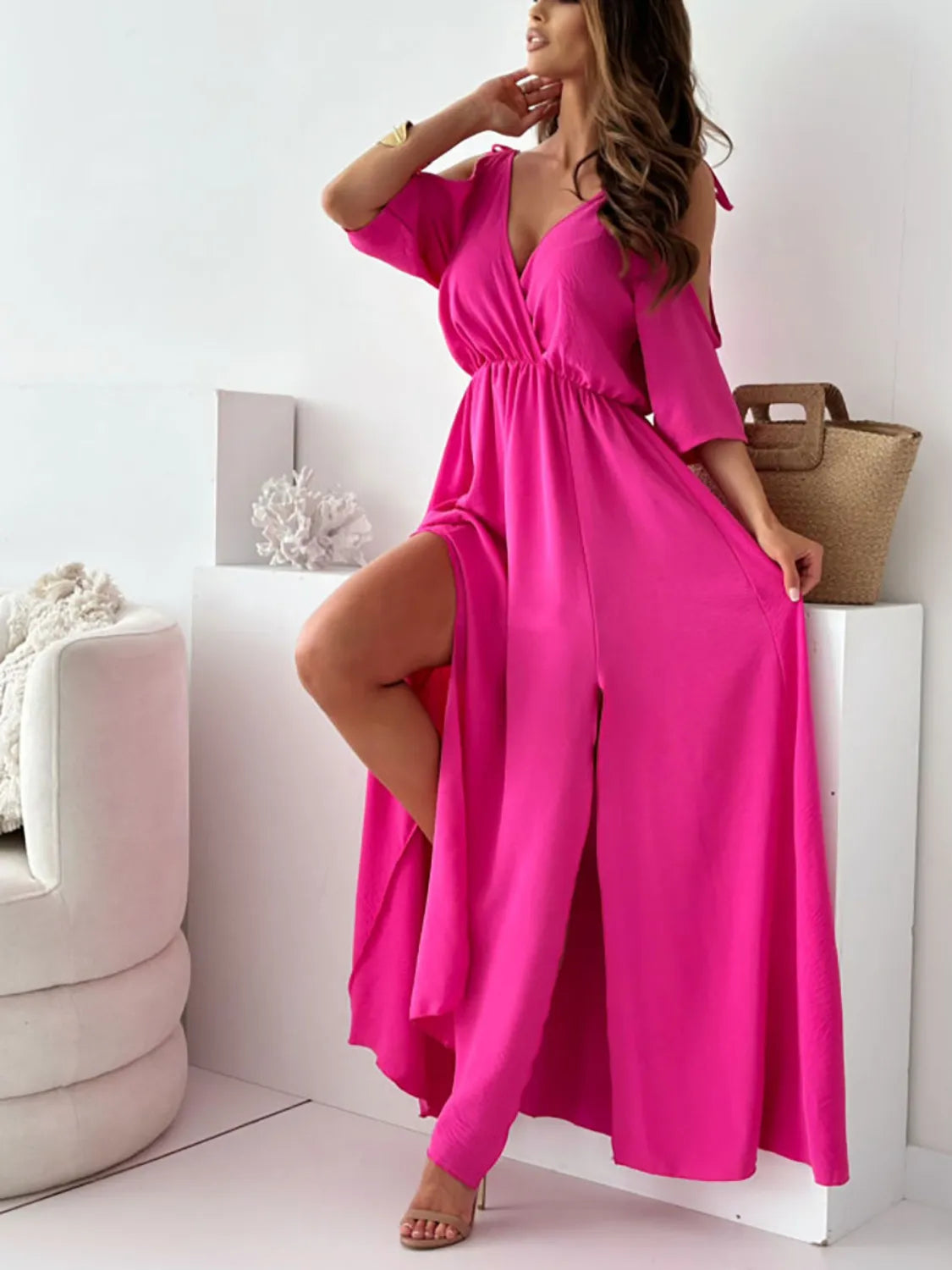 Tied Shoulder Slit Maxi Dress - Velora Luxury Fashion
