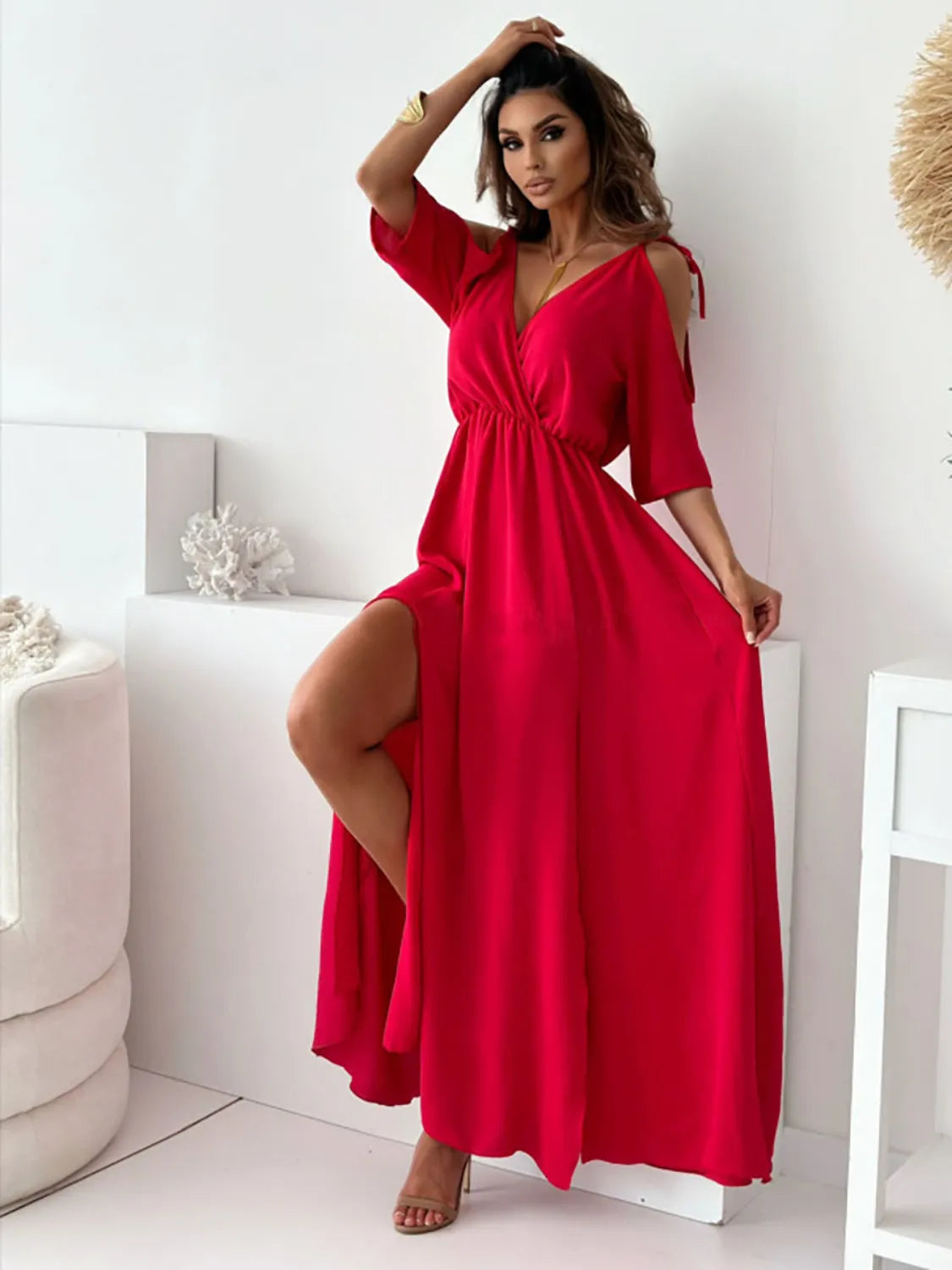 Tied Shoulder Slit Maxi Dress - Velora Luxury Fashion