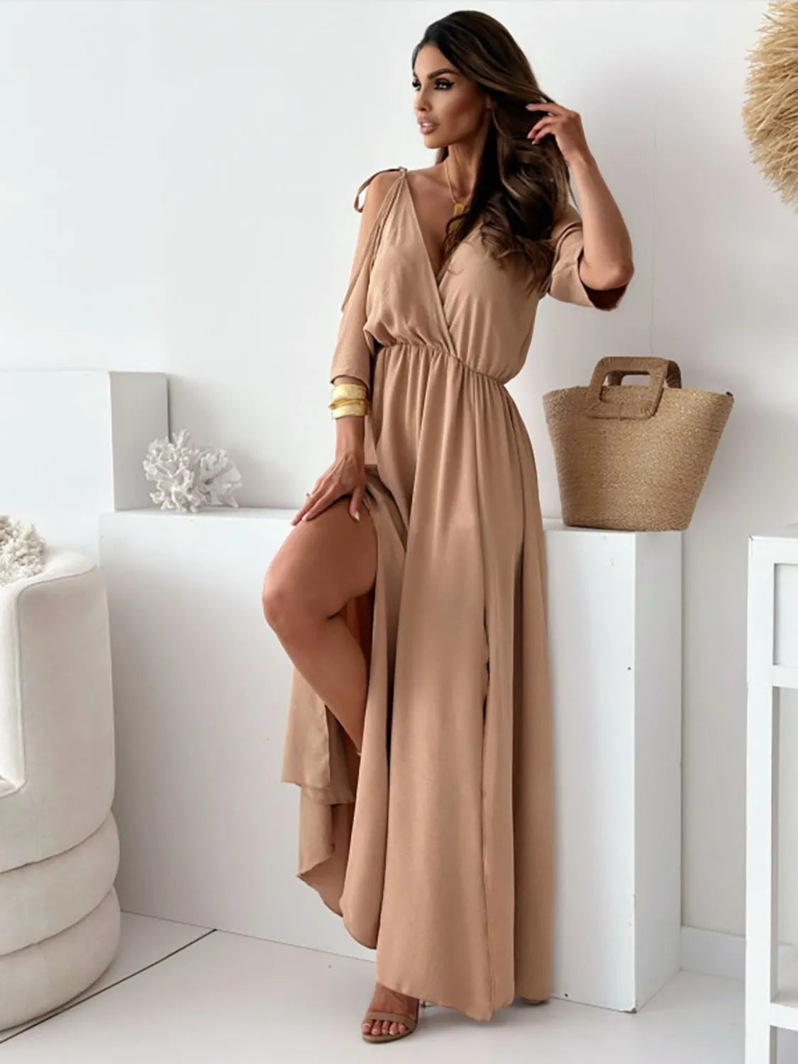 Tied Shoulder Slit Maxi Dress - Velora Luxury Fashion
