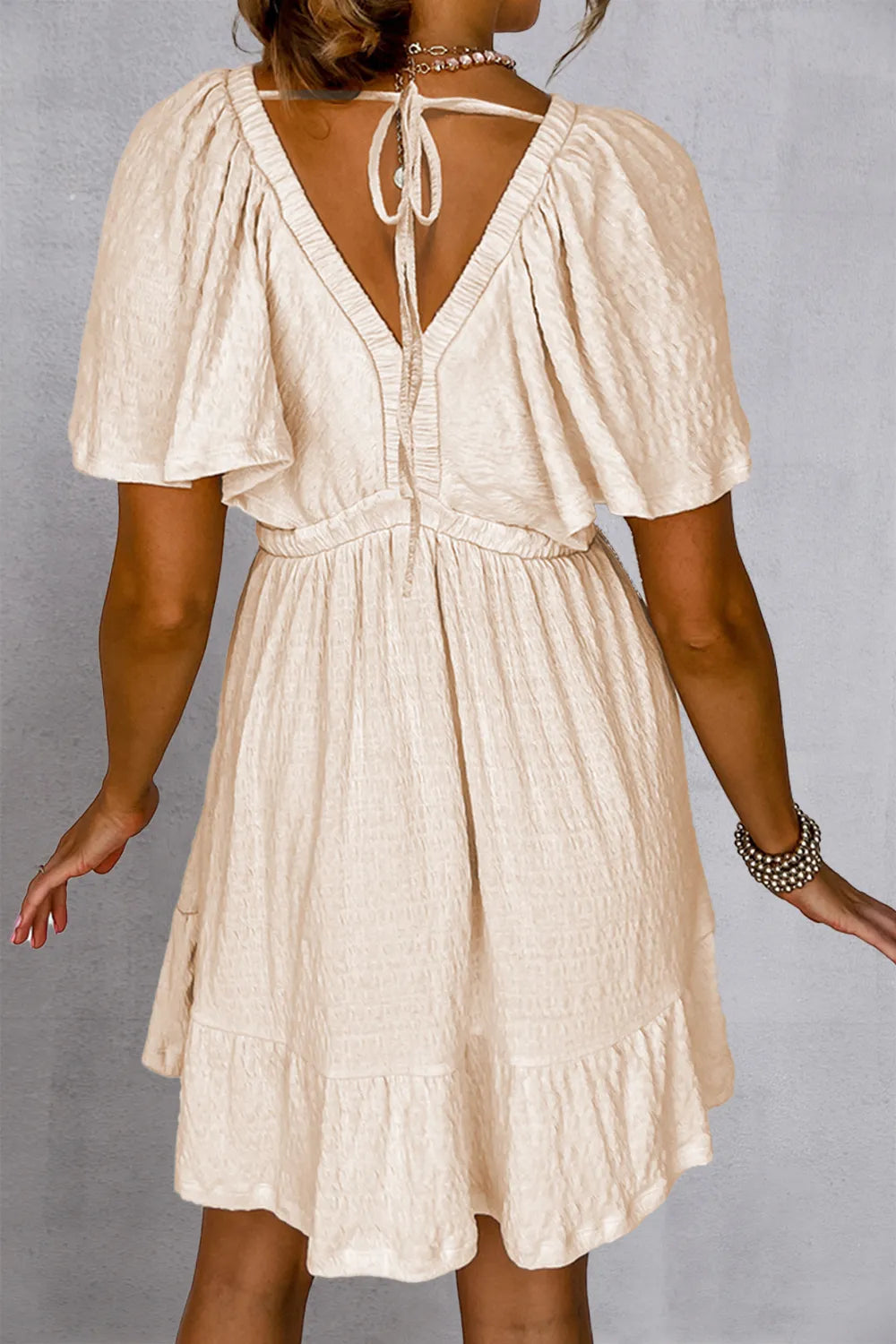 Tied V-Neck Short Sleeve Mini Dress - Velora Luxury Fashion
