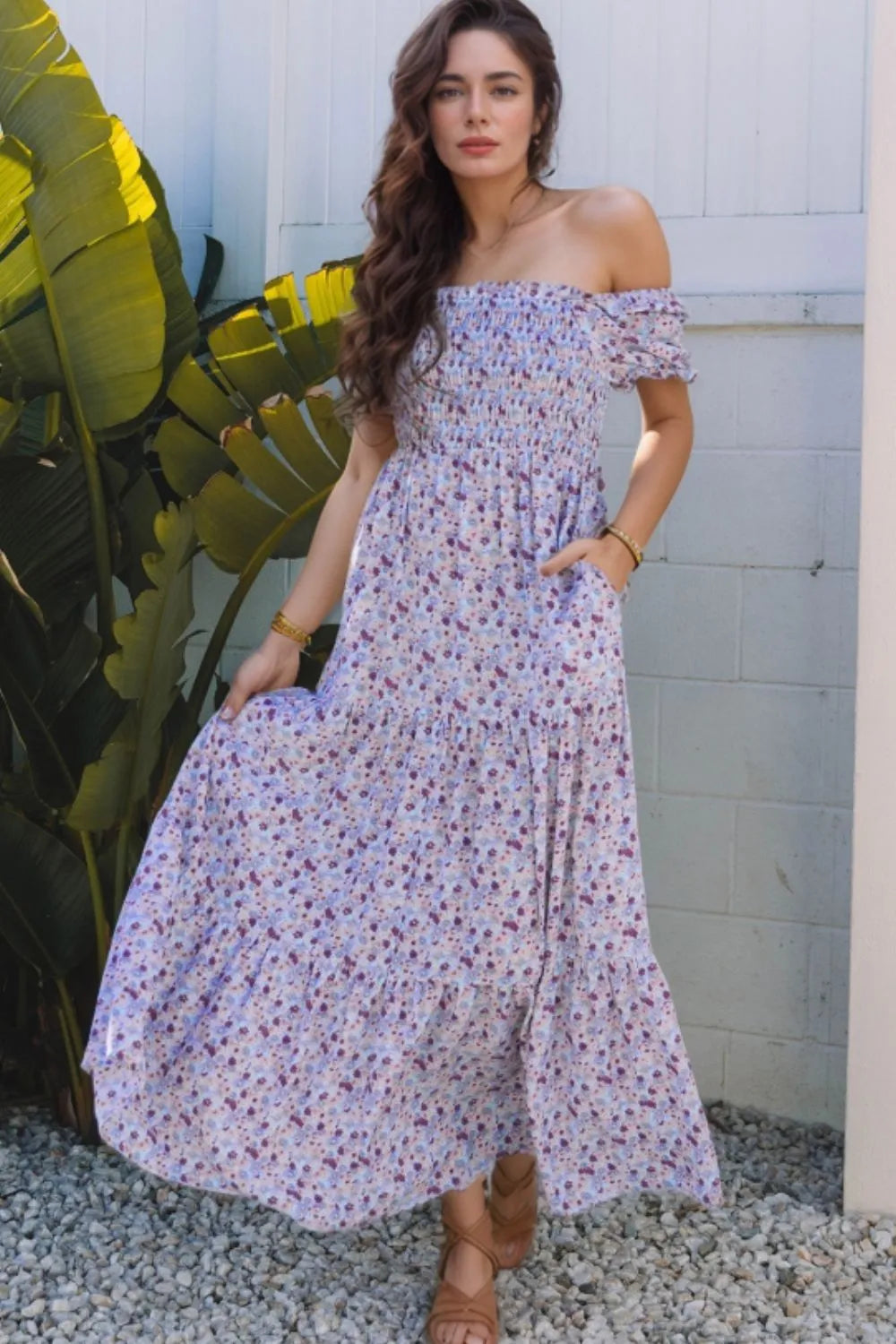 Tiered Floral Shirred High Waist Maxi Dress - Velora Luxury Fashion