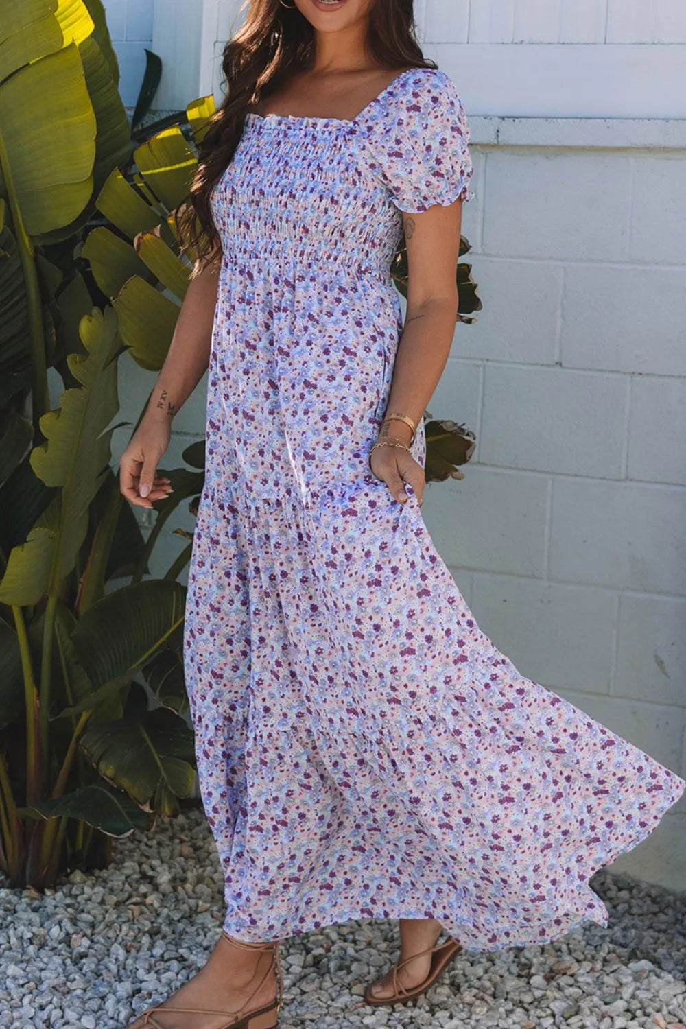 Tiered Floral Shirred High Waist Maxi Dress - Velora Luxury Fashion