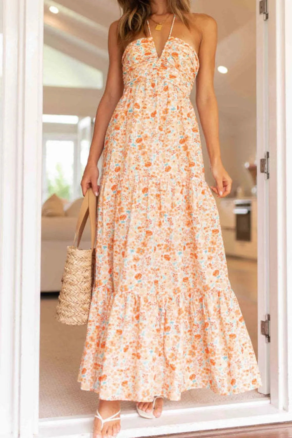 Tiered Halter Neck Printed Cami Dress - Velora