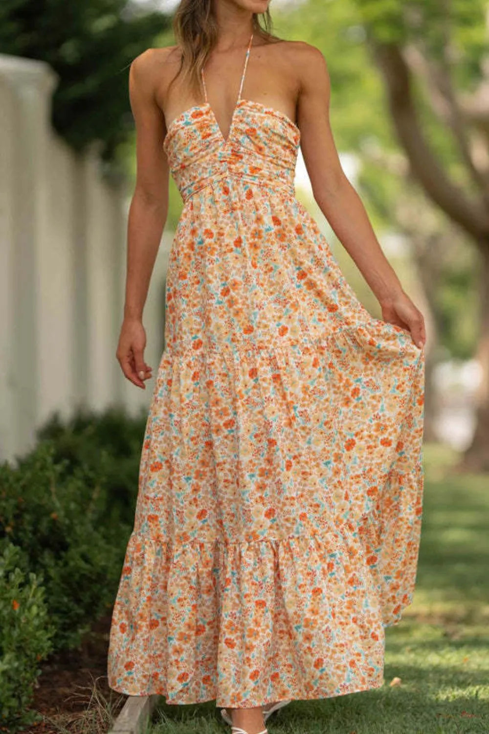 Tiered Halter Neck Printed Cami Dress - Velora