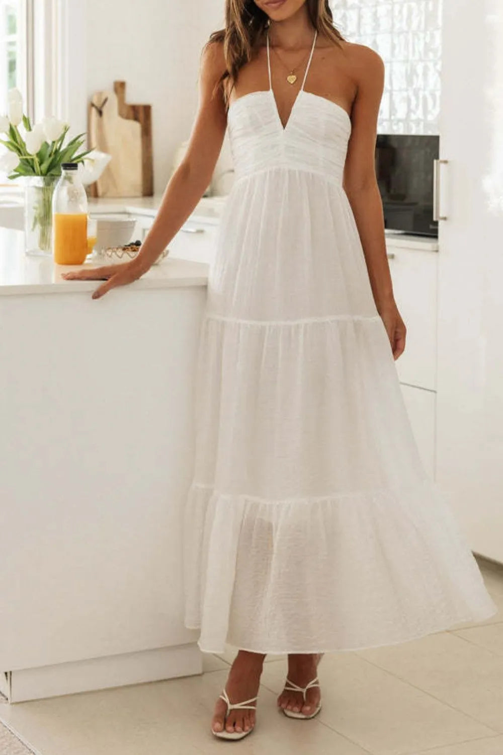 Tiered Halter Neck Printed Cami Dress - Velora Luxury Fashion