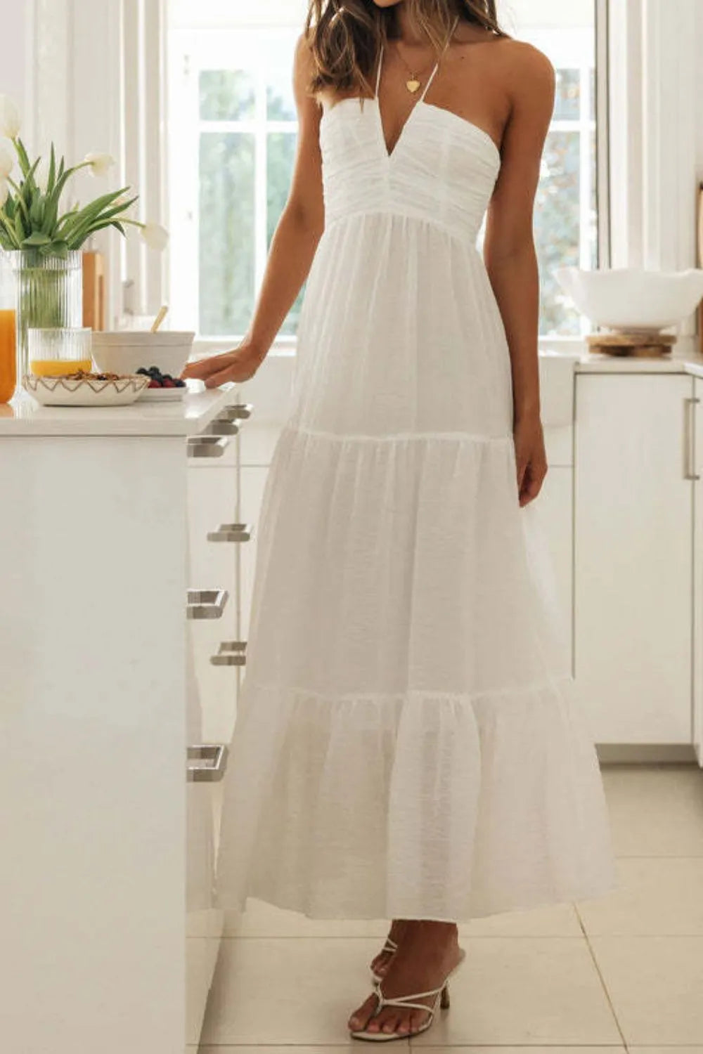 Tiered Halter Neck Printed Cami Dress - Velora