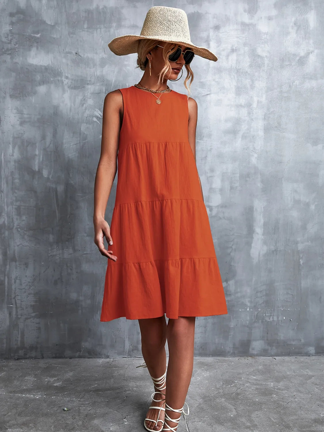 Tiered Round Neck Sleeveless Mini Tank Dress - Velora Luxury Fashion