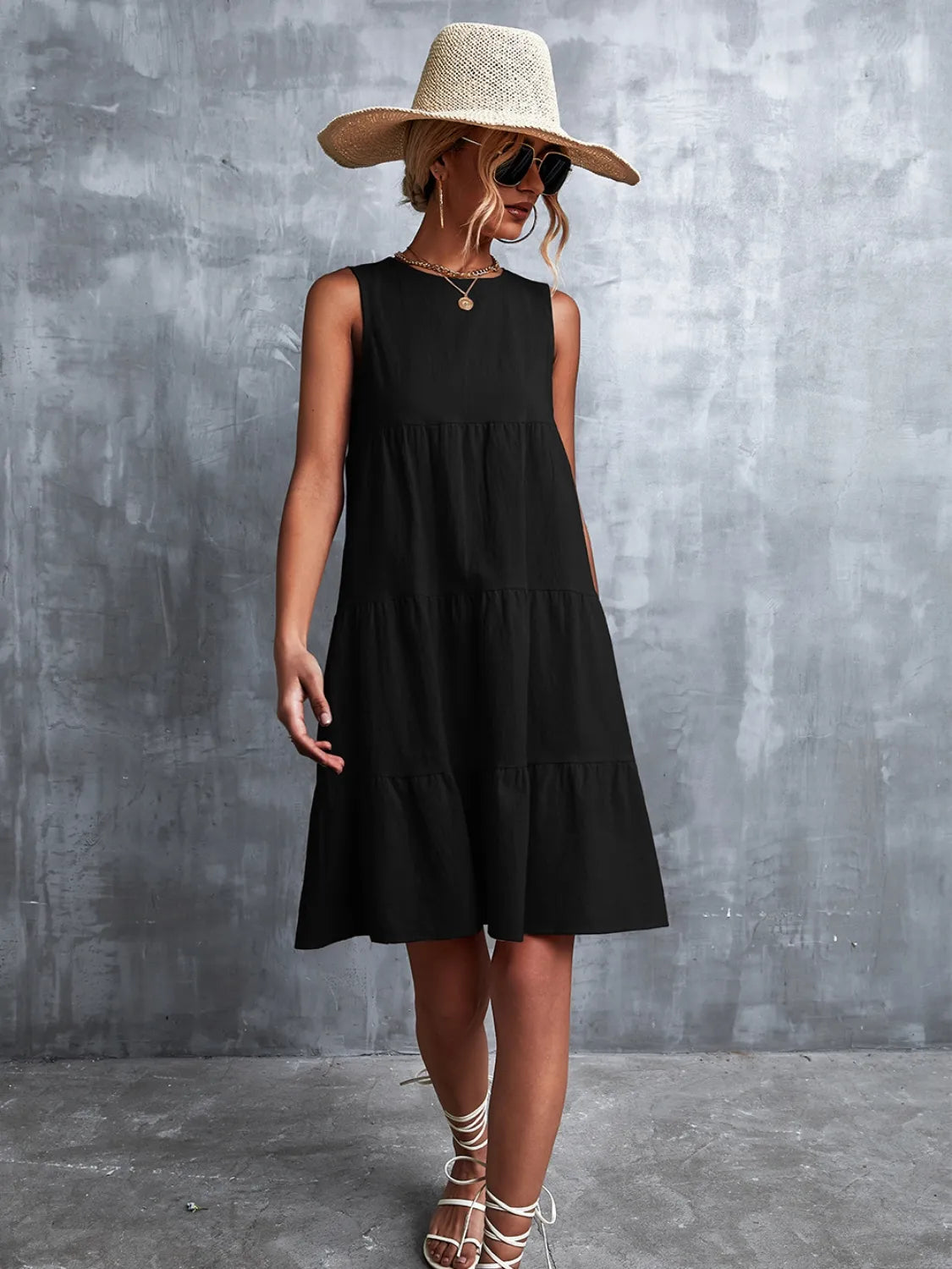 Tiered Round Neck Sleeveless Mini Tank Dress - Velora Luxury Fashion