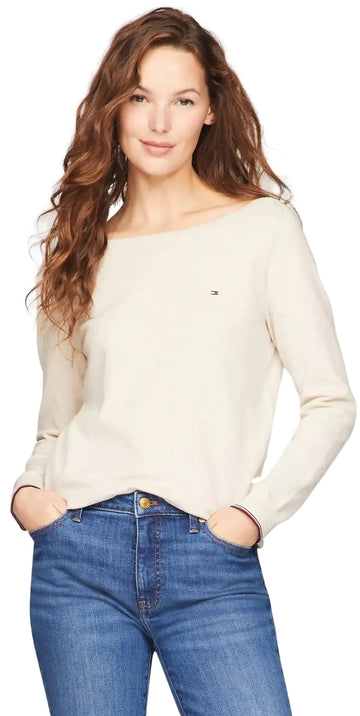 Tommy Hilfiger Womens Solid Boatneck Sweater BeigeHtr M - Velora Luxury Fashion