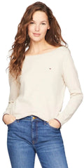 Tommy Hilfiger Womens Solid Boatneck Sweater BeigeHtr M - Velora Luxury Fashion