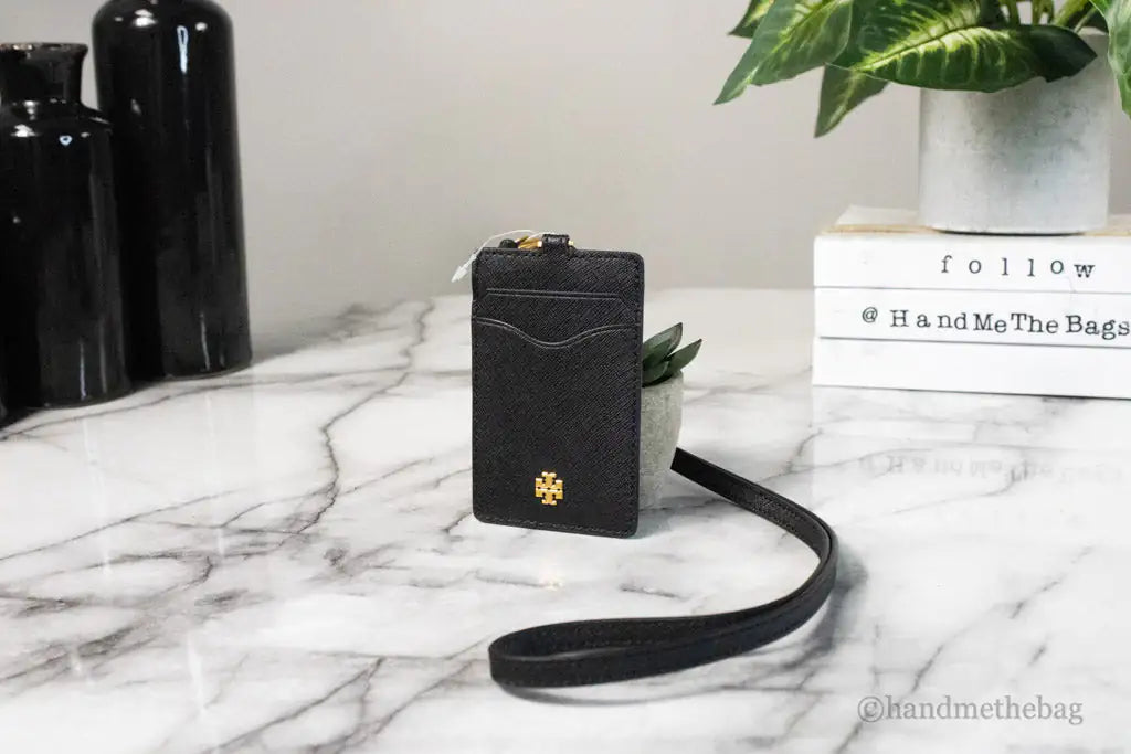 Tory Burch (136584) Emerson Black Saffiano Leather Necklace Lanyard Card Case - Velora Luxury Fashion