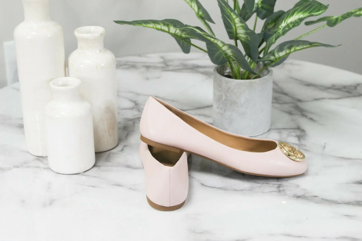 Tory Burch Benton 2 Sea Shell Pink Leather Ballet Flats - Velora Luxury Fashion