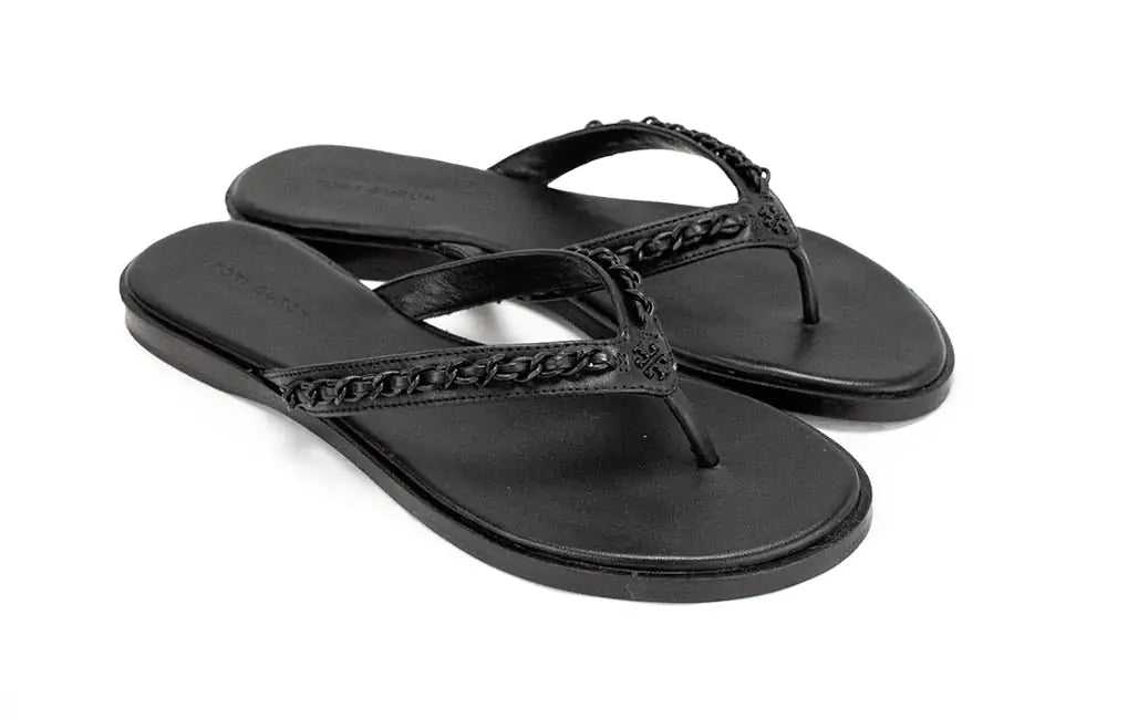Tory Burch Everly Black Leather Chain Flip Flop Sandals - Velora Luxury Fashion