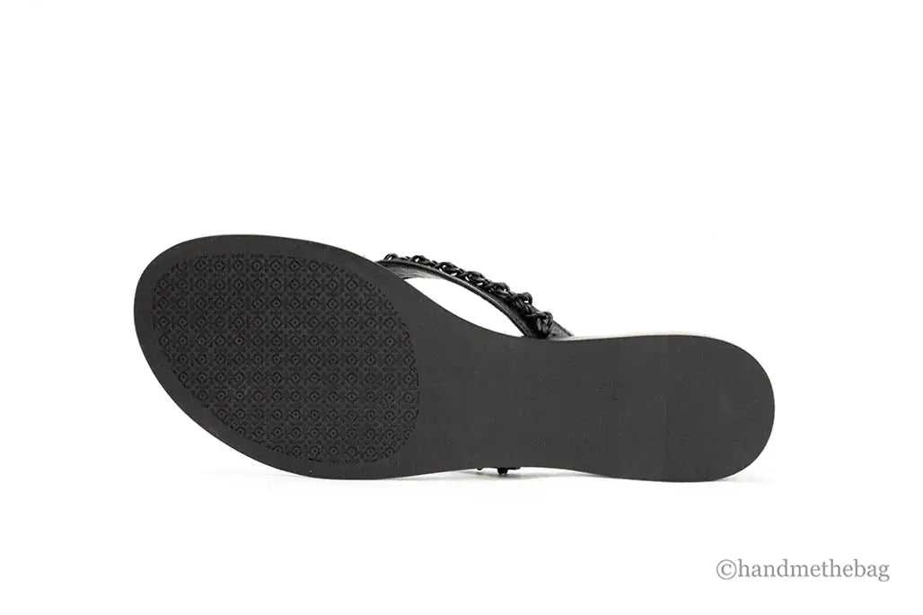 Tory Burch Everly Black Leather Chain Flip Flop Sandals - Velora Luxury Fashion