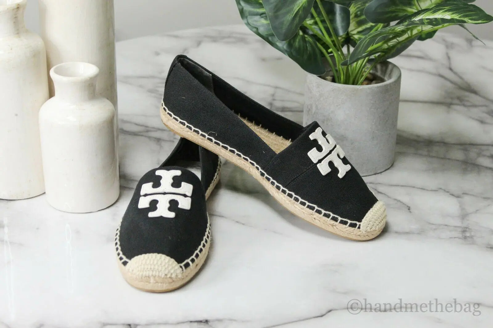 Tory Burch Weston Black White Recycled Canvas Leather Espadrilles - Velora Luxury Fashion