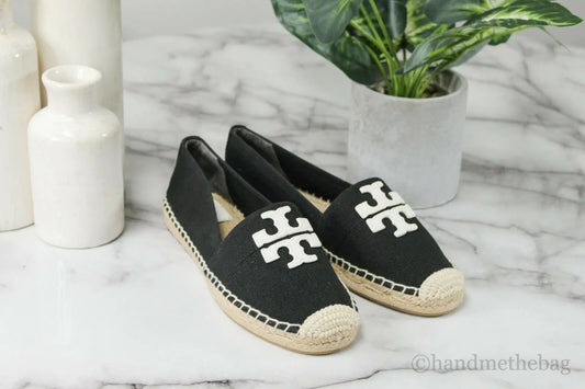 Tory Burch Weston Black White Recycled Canvas Leather Espadrilles - Velora Luxury Fashion