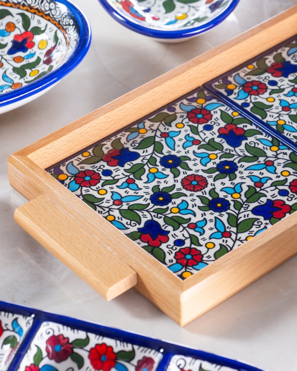 Tray with Wood Handle | Rectangular & Square – Hand-Painted Palestinian Ceramic | Multicolor & Navy - Velora Luxury Fashion
