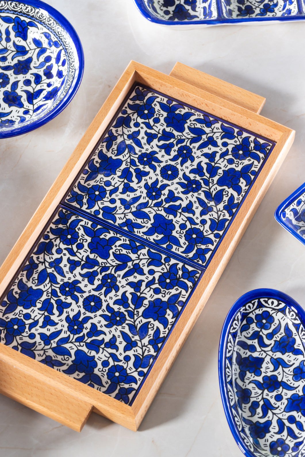 Tray with Wood Handle | Rectangular & Square – Hand-Painted Palestinian Ceramic | Multicolor & Navy - Velora Luxury Fashion