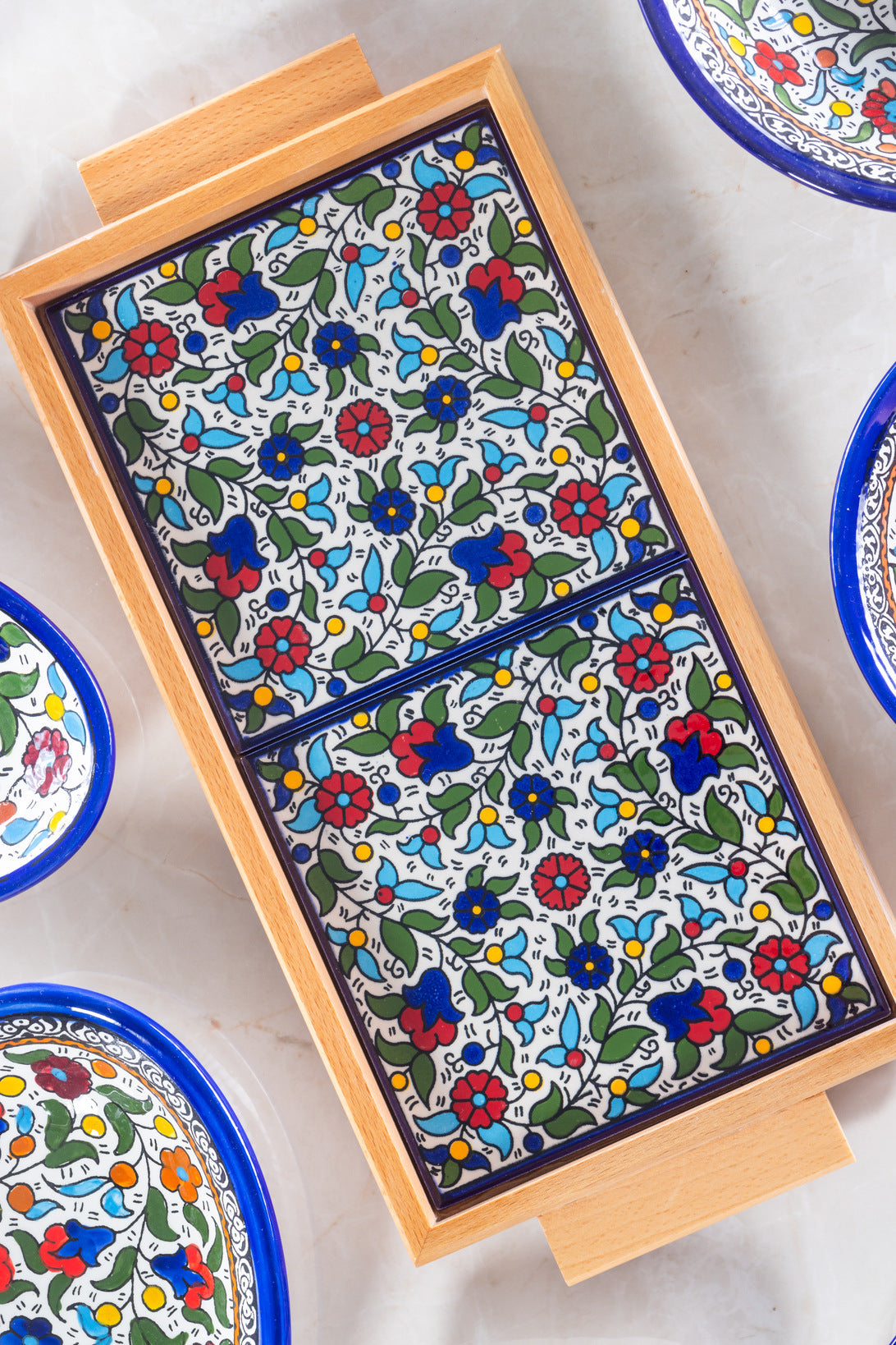 Tray with Wood Handle | Rectangular & Square – Hand-Painted Palestinian Ceramic | Multicolor & Navy - Velora Luxury Fashion