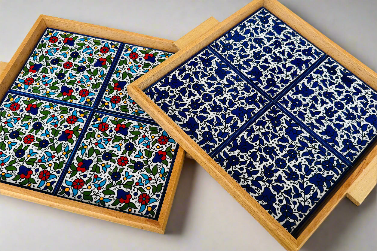 Tray with Wood Handle | Rectangular & Square – Hand-Painted Palestinian Ceramic | Multicolor & Navy - Velora Luxury Fashion