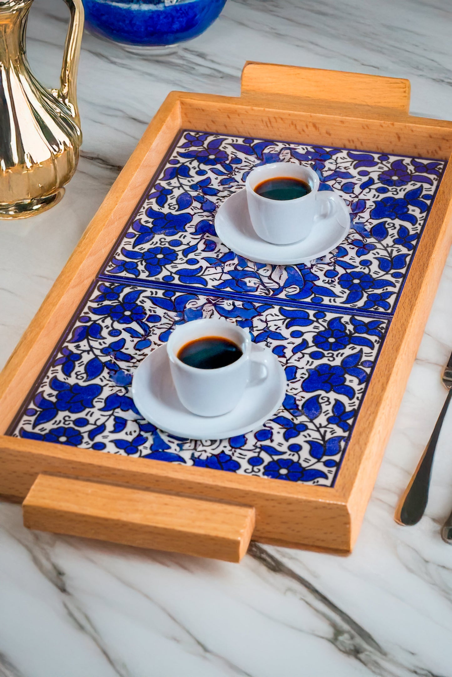 Tray with Wood Handle | Rectangular & Square – Hand-Painted Palestinian Ceramic | Multicolor & Navy - Velora Luxury Fashion