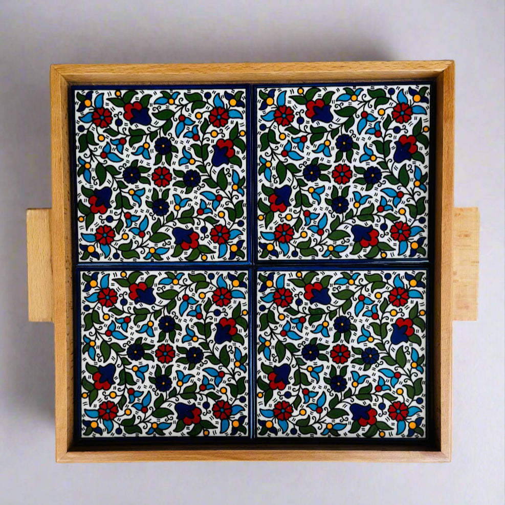 Tray with Wood Handle | Rectangular & Square – Hand-Painted Palestinian Ceramic | Multicolor & Navy - Velora Luxury Fashion