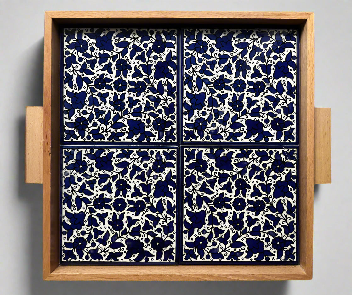 Tray with Wood Handle | Rectangular & Square – Hand-Painted Palestinian Ceramic | Multicolor & Navy - Velora Luxury Fashion