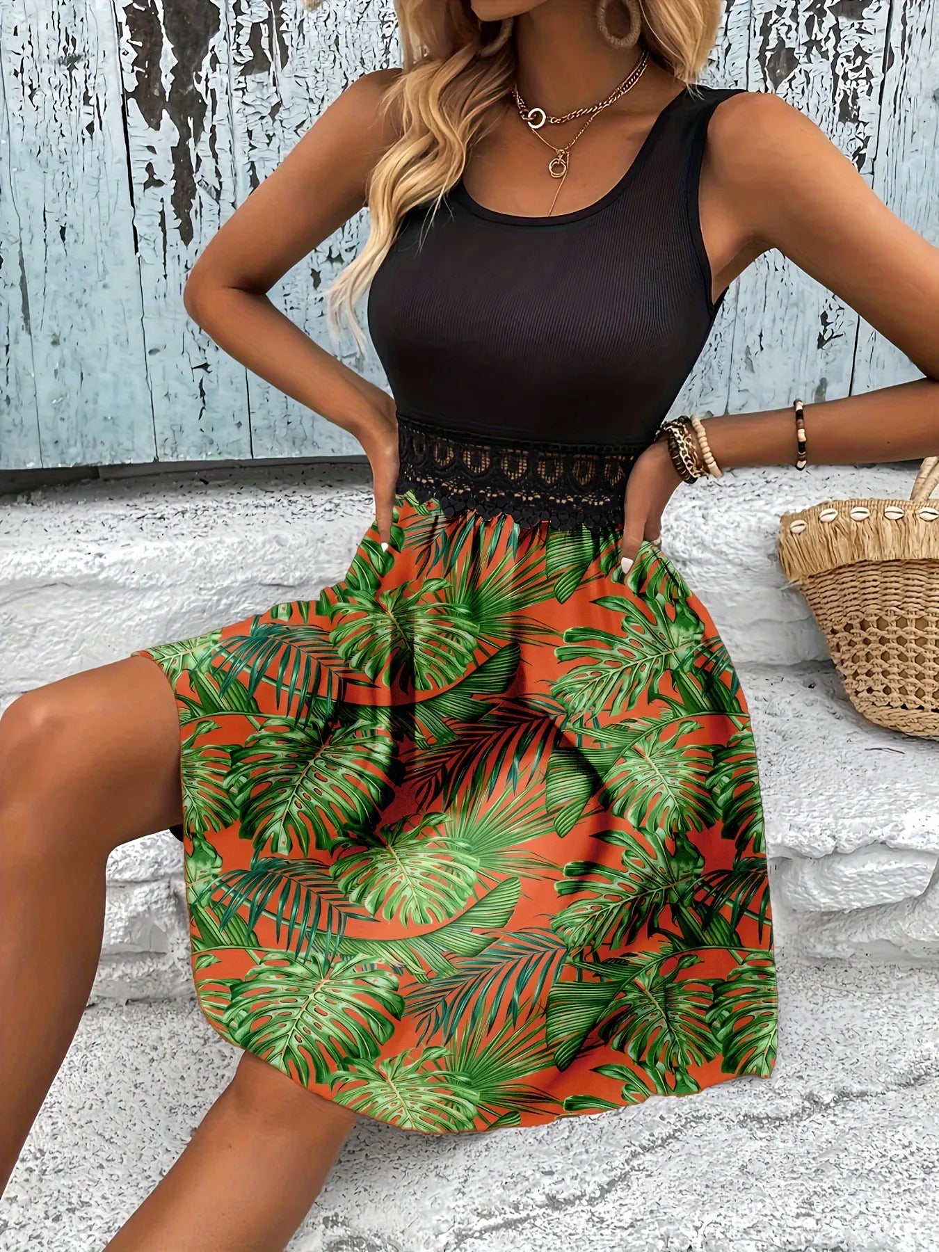Tropical Print Sleeveless Summer Dress with Lace Waist Detail - Velora Luxury Fashion