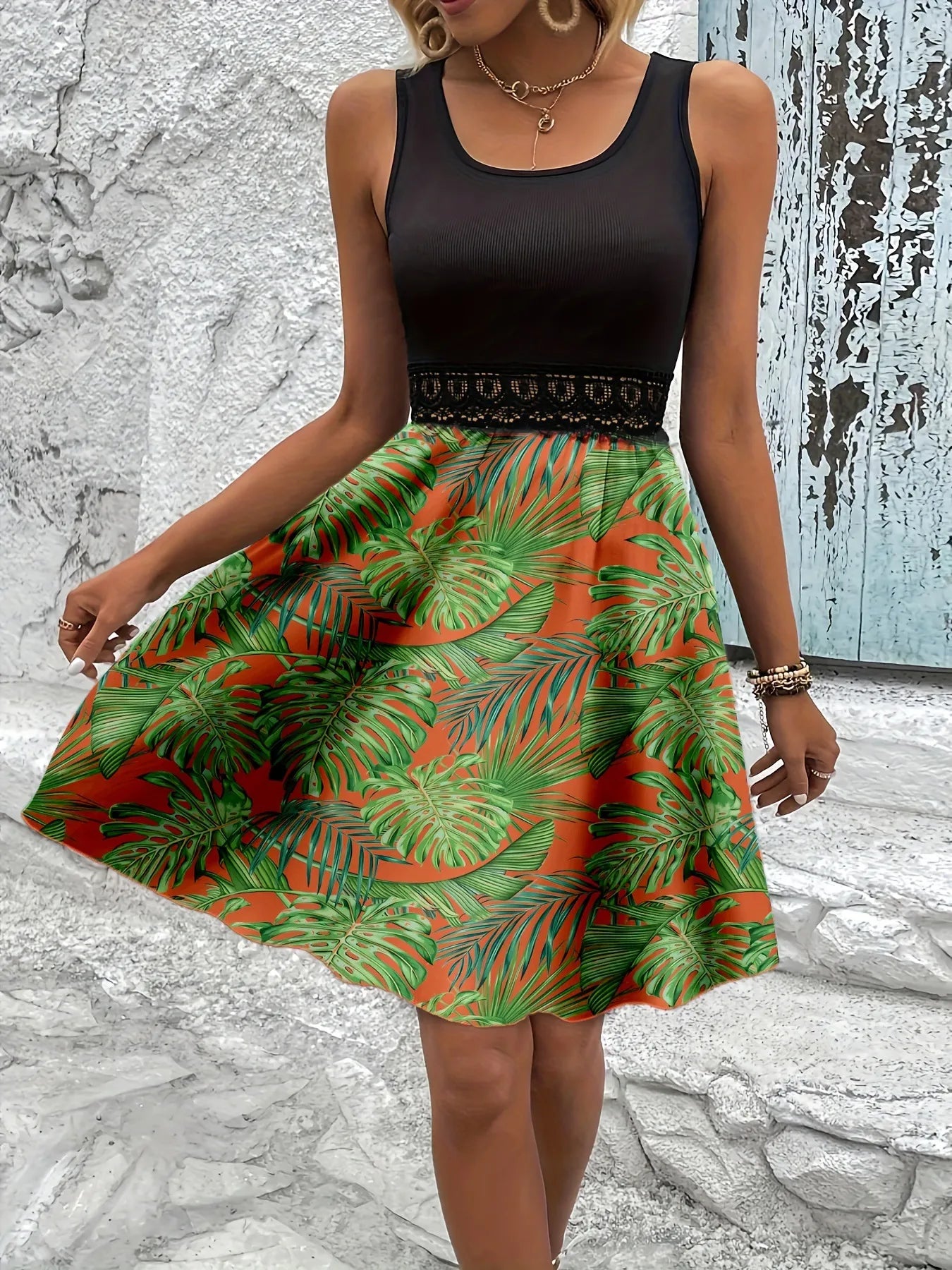 Tropical Print Sleeveless Summer Dress with Lace Waist Detail - Velora Luxury Fashion