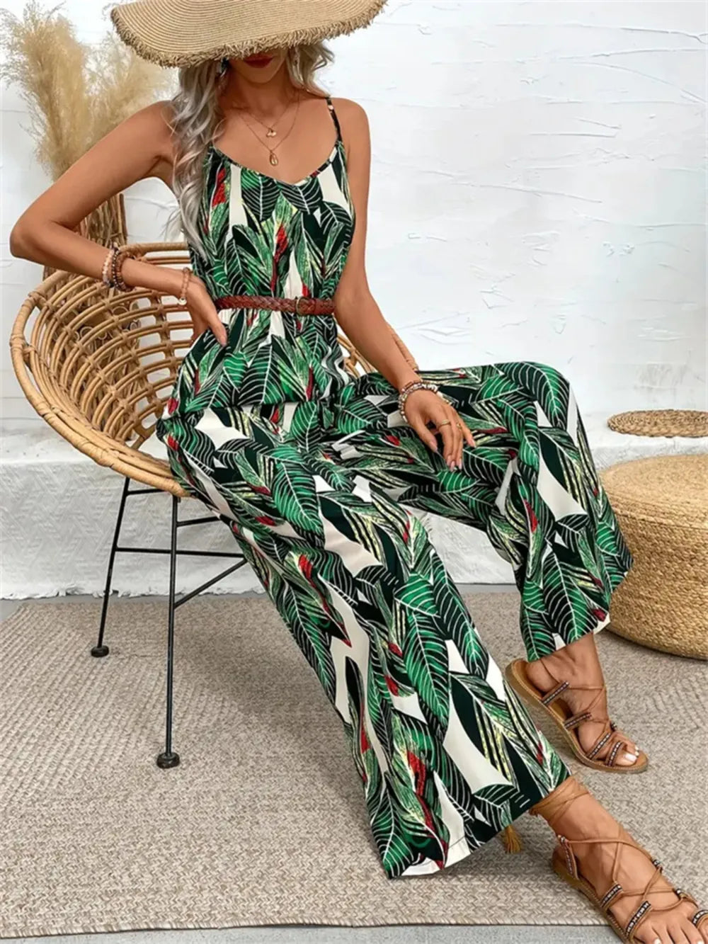Tropical Print Spaghetti Strap Wide Leg Jumpsuit - Velora