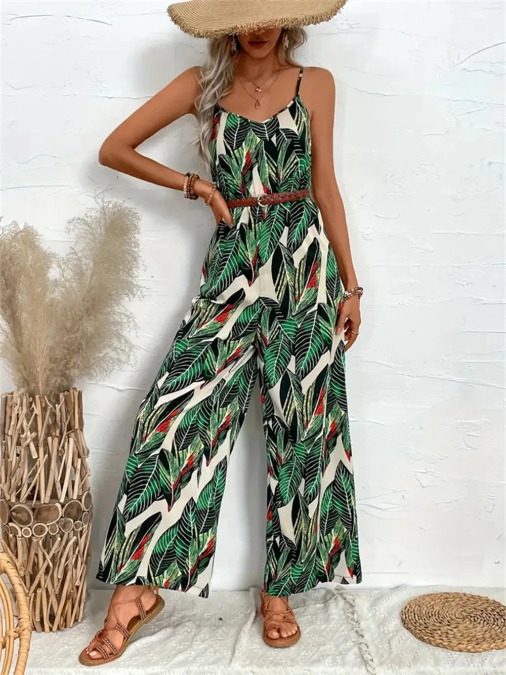 Tropical Print Spaghetti Strap Wide Leg Jumpsuit - Velora