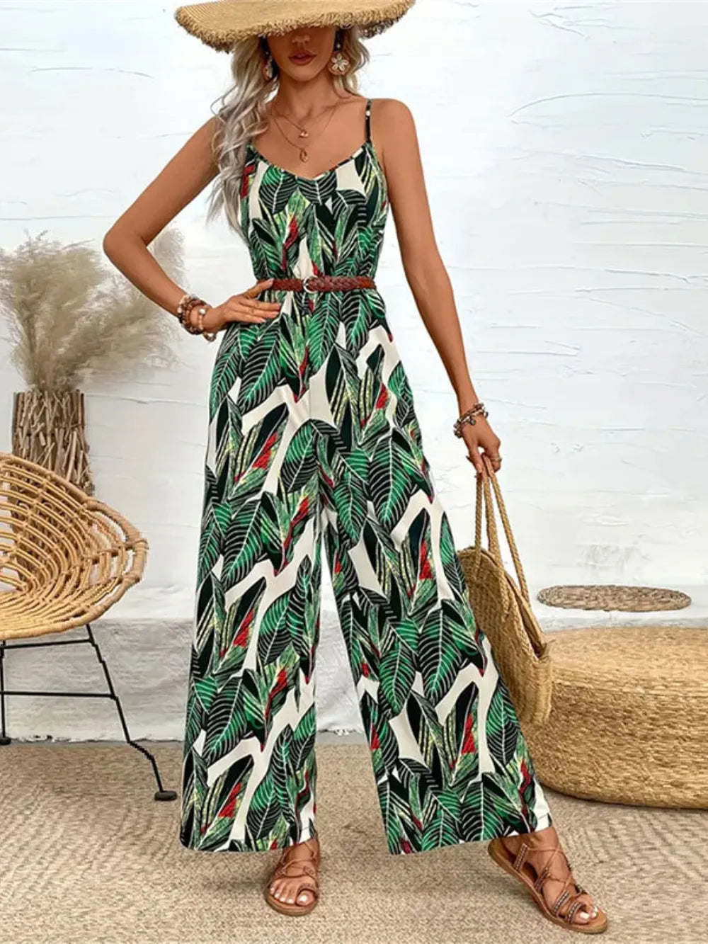 Tropical Print Spaghetti Strap Wide Leg Jumpsuit - Velora