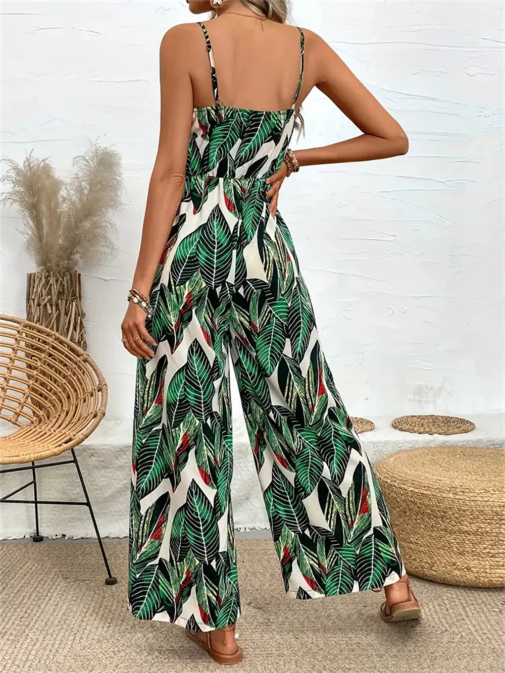Tropical Print Spaghetti Strap Wide Leg Jumpsuit - Velora