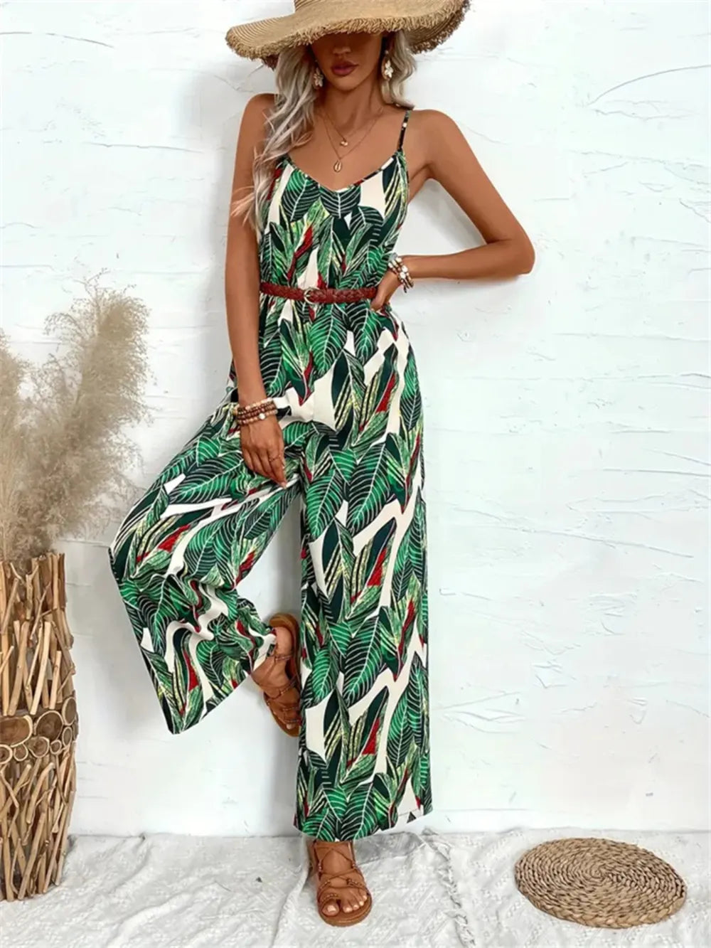 Tropical Print Spaghetti Strap Wide Leg Jumpsuit - Velora