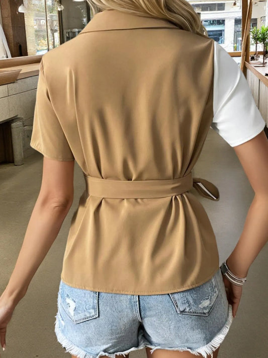 Two-Tone Short Sleeve Blouse with Tie Waist - Velora Luxury Fashion