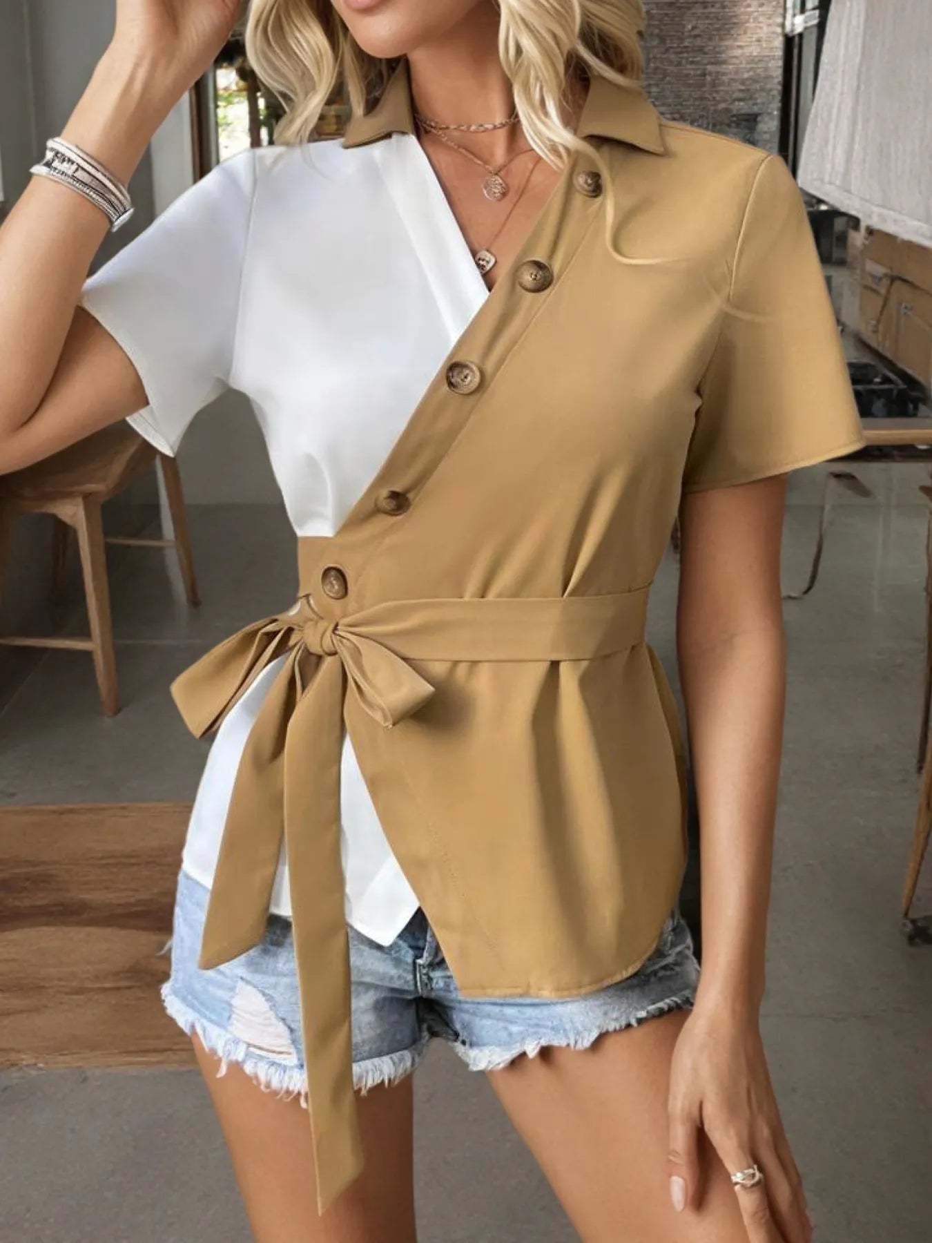 Two-Tone Short Sleeve Blouse with Tie Waist - Velora Luxury Fashion