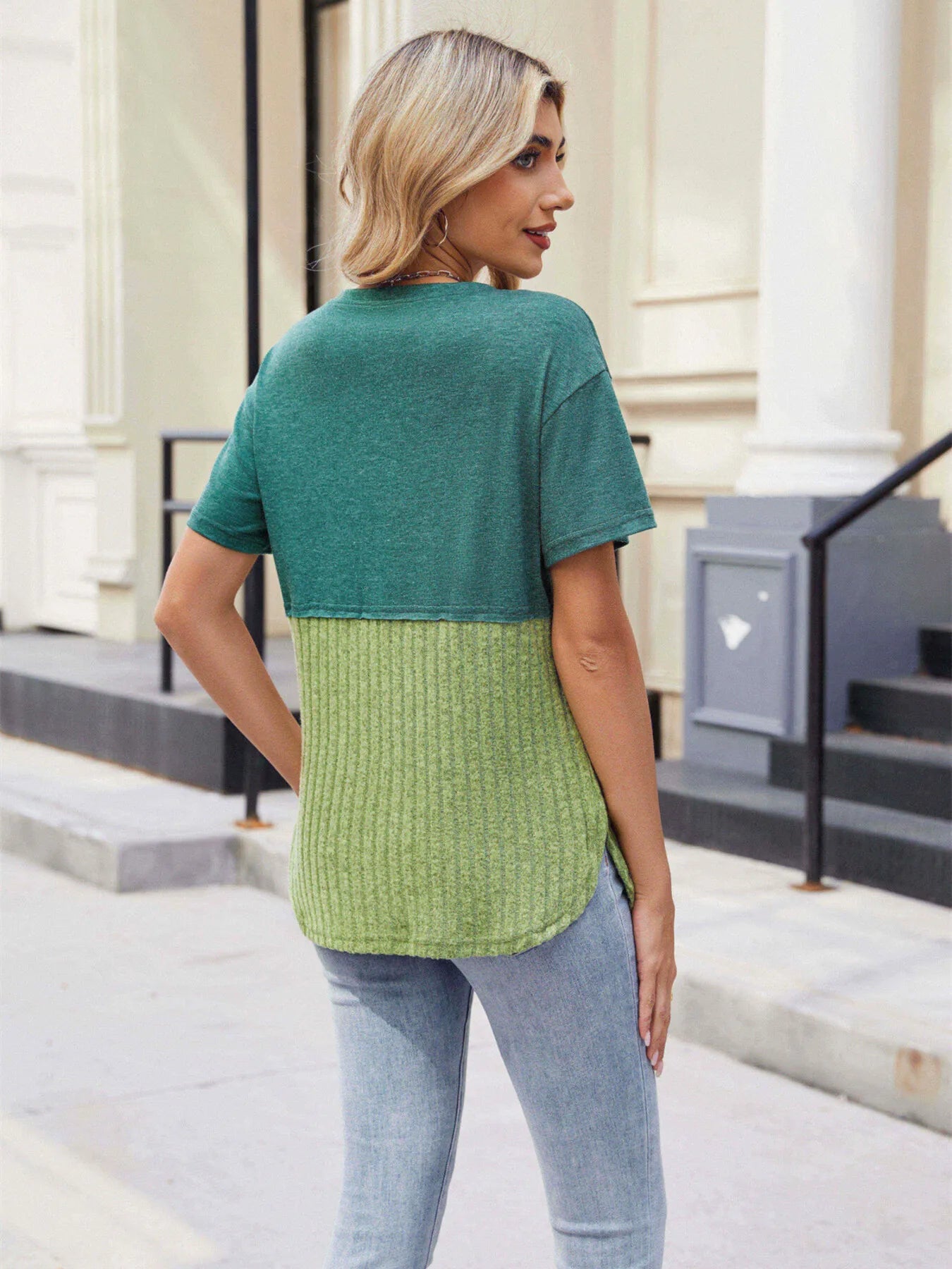 Two-Tone Short Sleeve Top - Velora Luxury Fashion